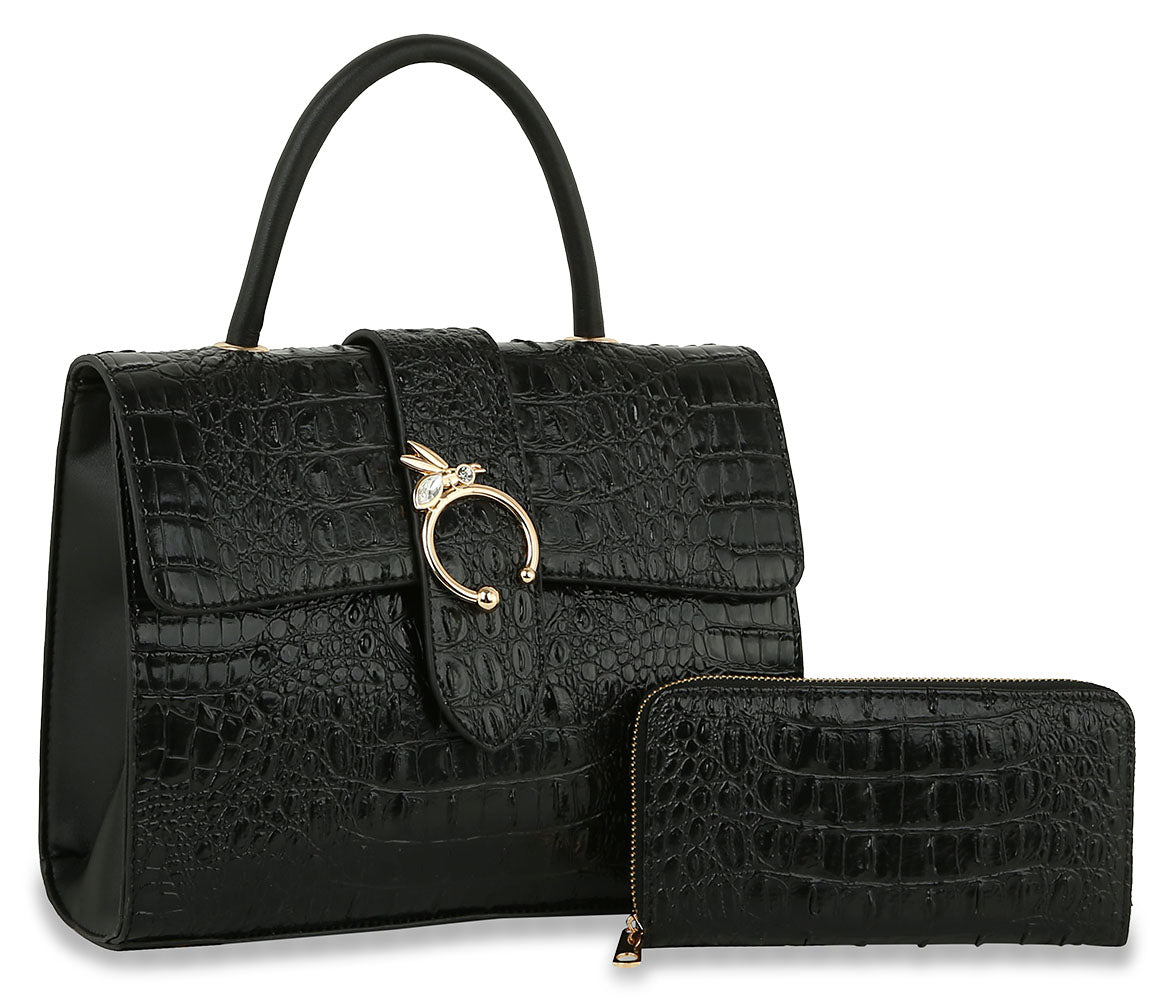 Front Flap Embossed Tote Set - DX-0137W-BK